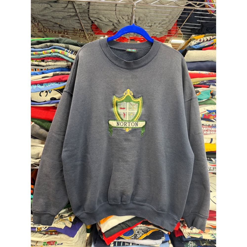 Vintage Travaux Norton Golf Crest Embroidered Sweatshirt Navy Blue Mens XL 27x28